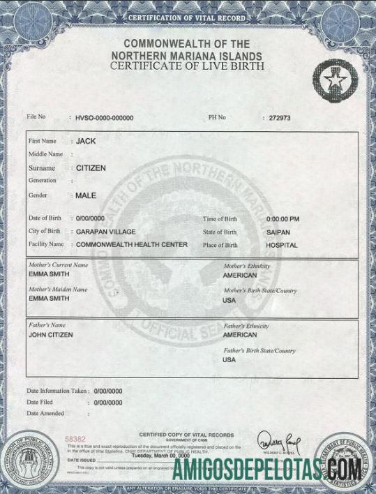 Certidão de nascimento nas Ilhas Marianas do Norte dos EUA exemplo real